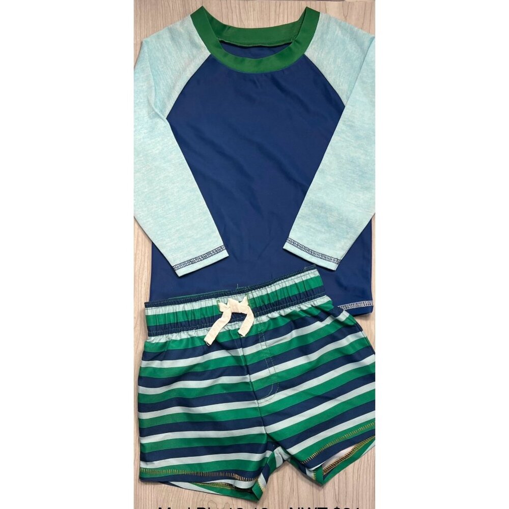Mud Pie 12-18m navy blue green striped swim bathing suit rash guard SET NWOT